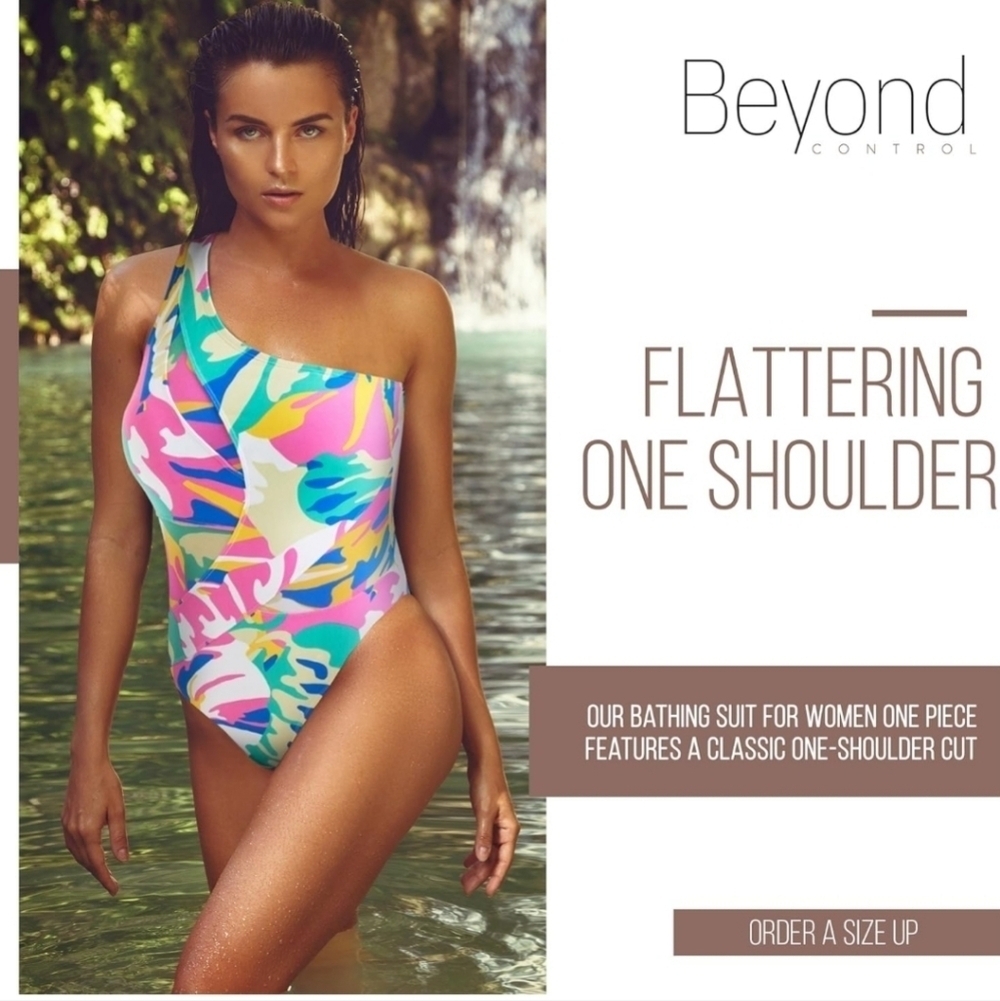 NWT Beyond Control Colorful One Shoulder One Piece Swimsuit Size 14 - Picture 4 of 10